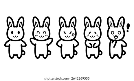 Ilustrações desenhadas à mão de caracteres de coelho com várias expressões. Conjunto de cinco expressões diferentes, incluindo riso, choro e raiva.