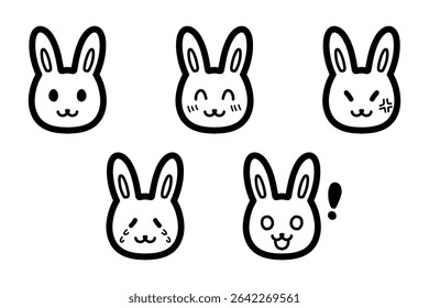 Ilustrações desenhadas à mão de caracteres de coelho com várias expressões. Conjunto de cinco expressões diferentes, incluindo riso, choro e raiva.