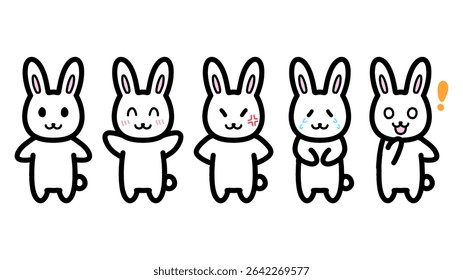 Hand-drawn illustrations of rabbit characters with various expressions. Set of five different expressions including laughing, crying, and anger.