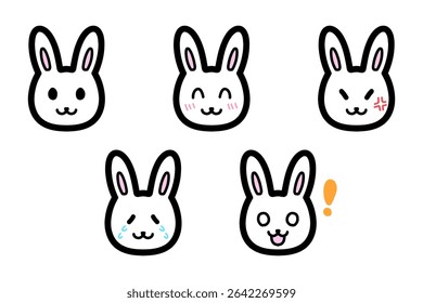 Ilustrações desenhadas à mão de caracteres de coelho com várias expressões. Conjunto de cinco expressões diferentes, incluindo riso, choro e raiva.