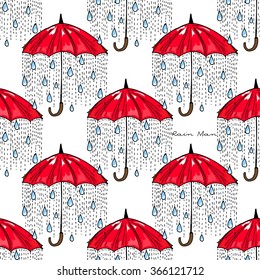 Hand-drawn illustrations. Rain under a red umbrella. Postcard Rain Man. Seamless pattern.