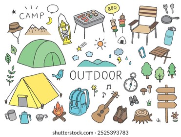 Hand-drawn illustrations related to camping and outdoor activities