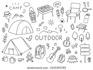 Hand-drawn illustrations related to camping and outdoor activities