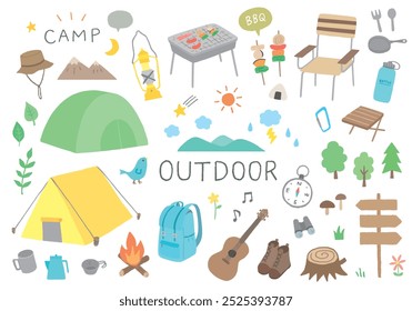 Hand-drawn illustrations related to camping and outdoor activities