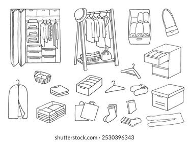 Hand-drawn illustrations related to closets and clothing storage
