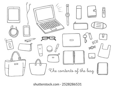 Hand-drawn illustrations related to the contents of the bag