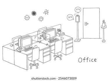 Hand-drawn illustrations related to infectious disease control in offices