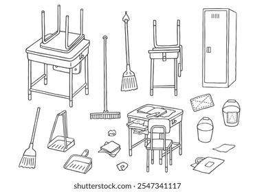 Hand-drawn illustrations related to school cleaning time