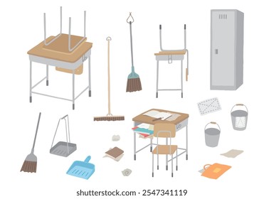 Hand-drawn illustrations related to school cleaning time