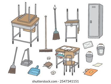 Hand-drawn illustrations related to school cleaning time