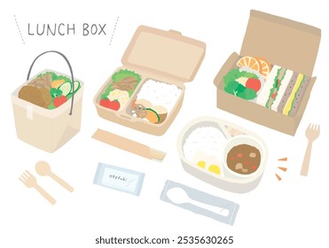 Ilustraciones dibujadas a mano relacionadas con cajas de comida para llevar y almuerzo