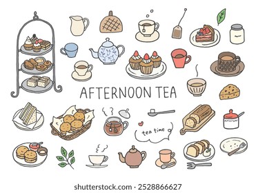 Ilustraciones hechas a mano relacionadas con el té y el té de la tarde