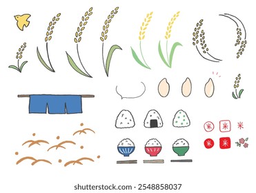 Ilustrações desenhadas à mão de arroz e bolas de arroz