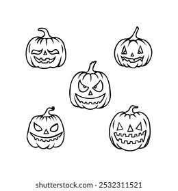 Handdrawn illustrations set of Halloween pumpkins with spooky faces. Perfect for Halloween-themed projects, decorations, and autumn celebrations. Black-and-white design for a minimal and festive look.