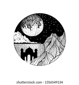 hand-drawn illustrations from the silhouette of mosques in the sea and mountains illuminated by moonlight at night. sktech for ramadan kareem