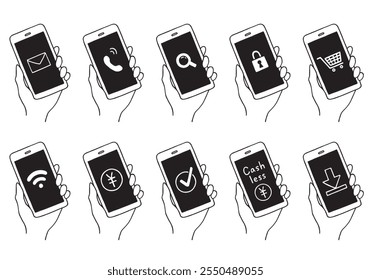 Hand-drawn illustrations of smartphones and various marks