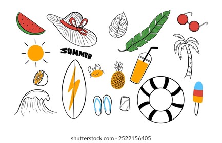 Ilustraciones dibujadas a mano de artículos relacionados con el verano como un sombrero de playa, sandía, gafas de sol, una palmera, tabla de surf, piña, un vaso de jugo, un anillo de flotador y una paleta.