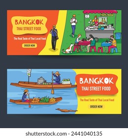 Hand-drawn illustrations of Thai people's daily life, including street food vendor, and the floating market in Bangkok.