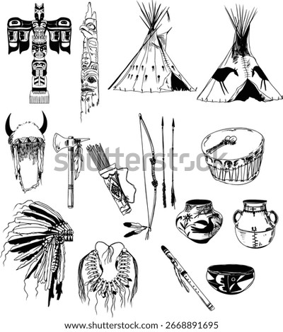 Hand-drawn illustrations of traditional tribal objects and tools including tomahawk, bow, arrows, drum, pottery, and headdress. Cultural sketch line art collection.