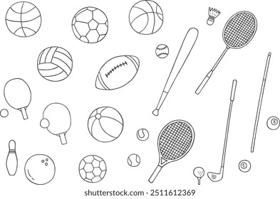 Hand-drawn illustrations of various balls used in ball games