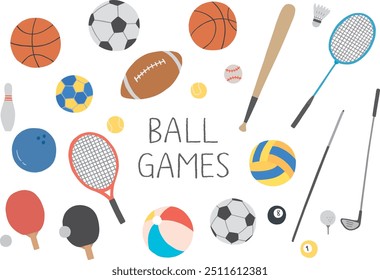 Hand-drawn illustrations of various balls used in ball games