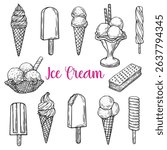 Hand-drawn illustrations of various ice cream types including cones, popsicles, sundaes, and desserts, showcasing delightful frozen treats in a playful and artistic style. Line art style. Engraving