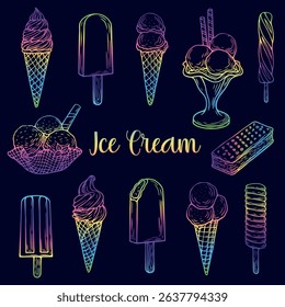 Hand-drawn illustrations of various ice cream types including cones, popsicles, sundaes, and desserts, showcasing delightful frozen treats in a playful and artistic style. Line art style. Engraving