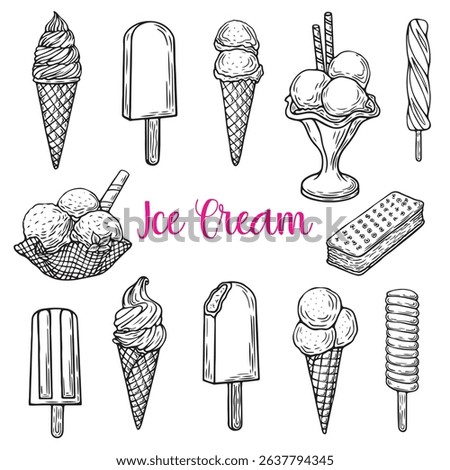 Hand-drawn illustrations of various ice cream types including cones, popsicles, sundaes, and desserts, showcasing delightful frozen treats in a playful and artistic style. Line art style. Engraving