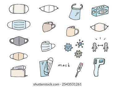 Hand-drawn illustrations of various masks