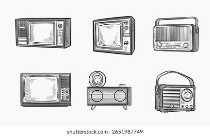 Hand-drawn illustrations of various vintage electronic devices, including televisions and radios. The style is a detailed sketch or outline, perfect for showcasing a collection of bygone technologies.