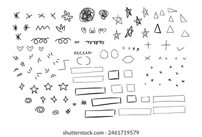 Handdrawn illustrations and vector graphics set featuring doodle sketches decorative elements abstract shapes icons and brush strokes in black and white perfect for design projects