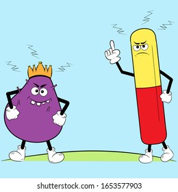 A hand-drawn image of a coronavirus and drug capsule. Vector illustration. Cartoon characters
