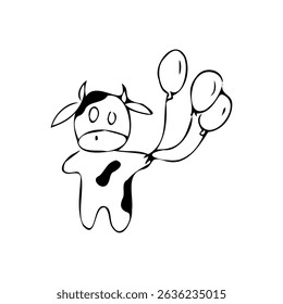 Hand-drawn image of a cow with balloons