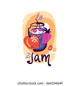 Hand-drawn image for homemade jam. Vector template logo for eco health product. 
