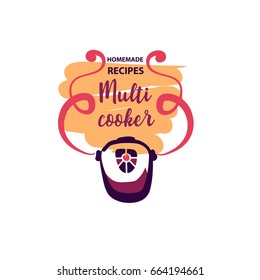 Hand-drawn image for homemade recipe in multicooker. Sketch logo for illustrate menu, banner, poster, menu with main dish, soup, dessert.   