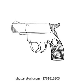 Hand-drawn image of a small pistol / gun. Graphic black and white vector image. Isolated on white