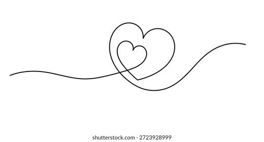 Imagen dibujada a mano de dos corazones. Dibujo continuo de dos corazones. Corazón de contorno único para el diseño del amor. Boceto de corazón lineal. Icono de logotipo de símbolo de signo de amor aislado sobre fondo blanco. Vector Illust