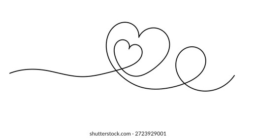 Imagen dibujada a mano de dos corazones. Dibujo continuo de dos corazones. Corazón de contorno único para el diseño del amor. Boceto de corazón lineal. Icono de logotipo de símbolo de signo de amor aislado sobre fondo blanco. Vector Illust