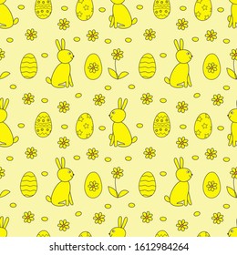 Hand-drawn images of a rabbit and Easter eggs . Vector seamless pattern. Easter yellow background