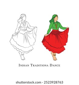 Representación de baile indio dibujada a mano, una hermosa dama con vestido tradicional, Arte vectorial de mujer india