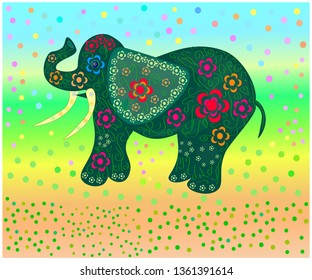 Hand-drawn Indian elephant in floral ornament multi-colored flowers multicolored in polka-dotted background