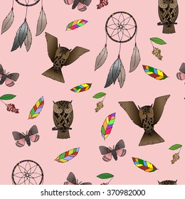 Hand-drawn Indian forest seamless pattern. Rose Quartz background