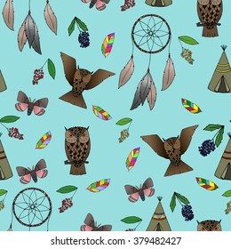 Hand-drawn Indian forest seamless pattern. Limpet Shell background