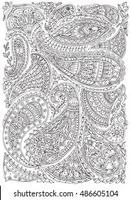 Hand-drawn Indian ornament. Pattern in black and white. Adult coloring book page, textile and tattoo design. Vector background illustration. Zendoodle.