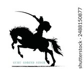 Hand-drawn Indian warrior silhouette, Guru Gobind Singh vector silhouette, An illustration of Sikh tenth Guru Gobind Singh