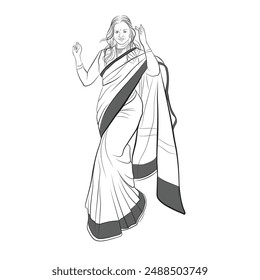 Mujer india dibujada a mano, Una ilustración de mujer india, dibujo de diseño de sari de Vector