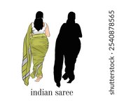 Hand-drawn Indian woman walking, A vector drawing of tall lady, Indian cultural saree design