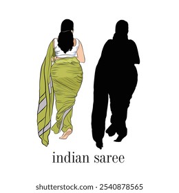 Mulher indiana desenhada à mão caminhando, Um desenho vetorial de alta senhora, design cultural saree indiano