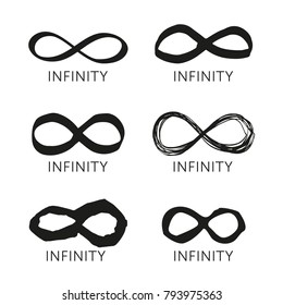 Hand-drawn infinity symbol icons. Irregular shape. Isolated on white background. Vector logos set. Black. Eps 10.