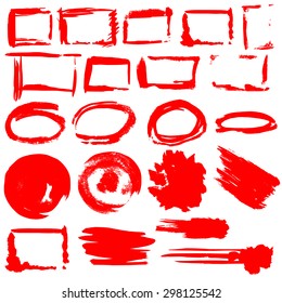  hand-drawn ink borders and splash vector set. red elements on white background